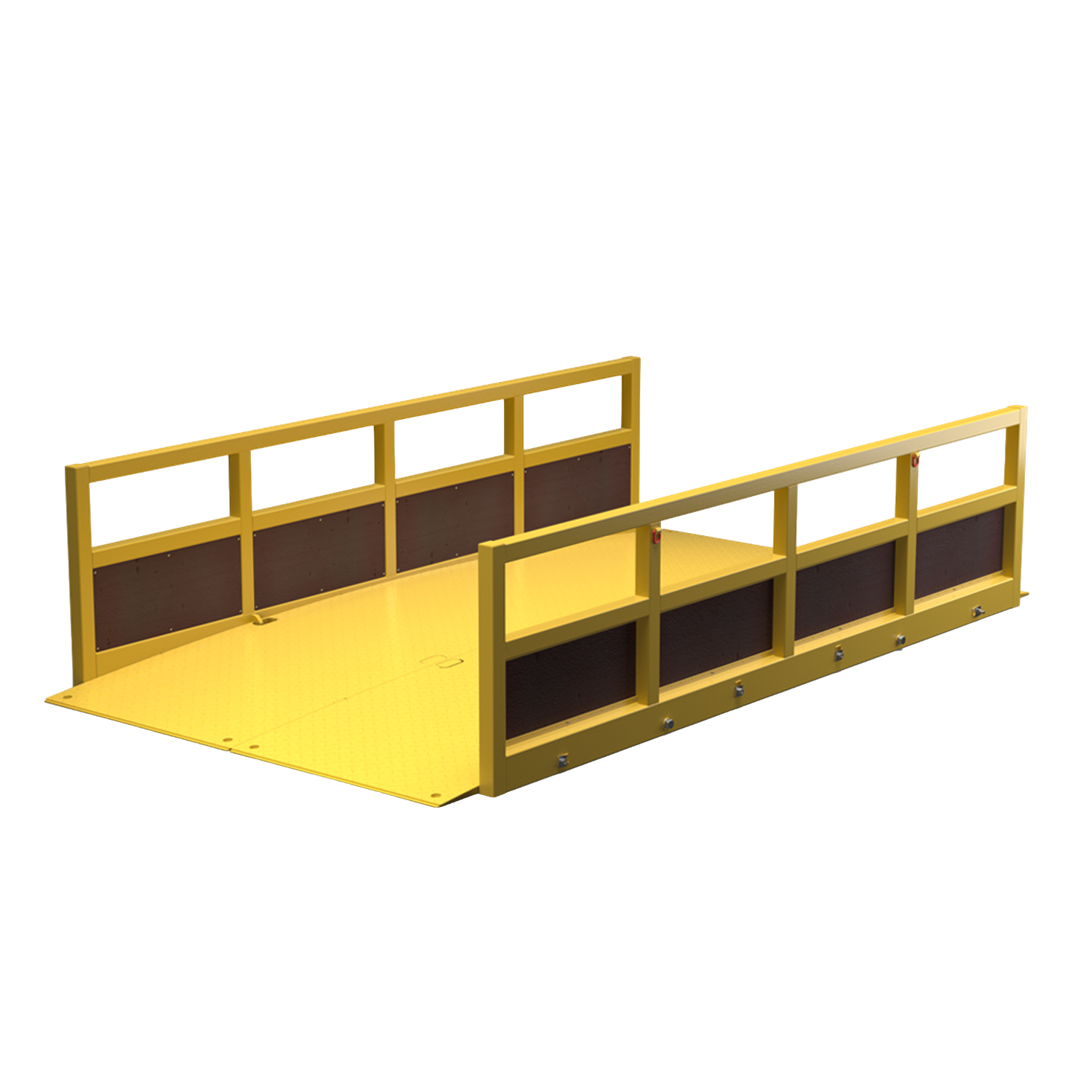 Yellow six metre traffic bridge with guardrails